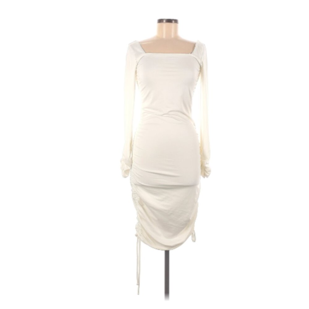 Fashion Nova White Midi Ruched Stretchy Bodycon Dress in size Medium
